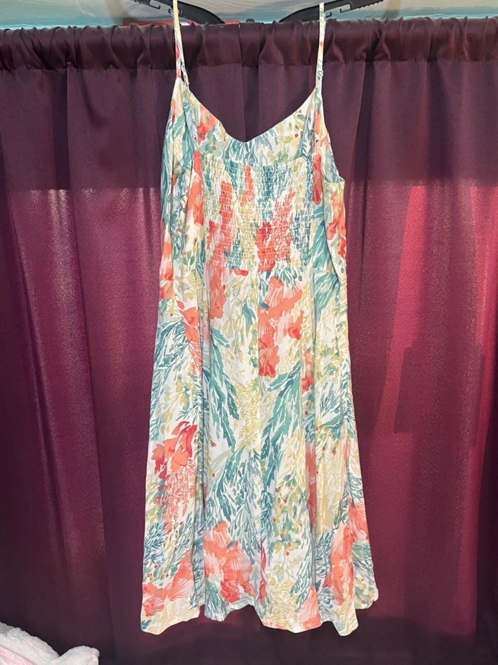 Old Navy Coral, Teal and Cream Floral Spaghetti-Strap Mini Dress - Picture 3 of 4